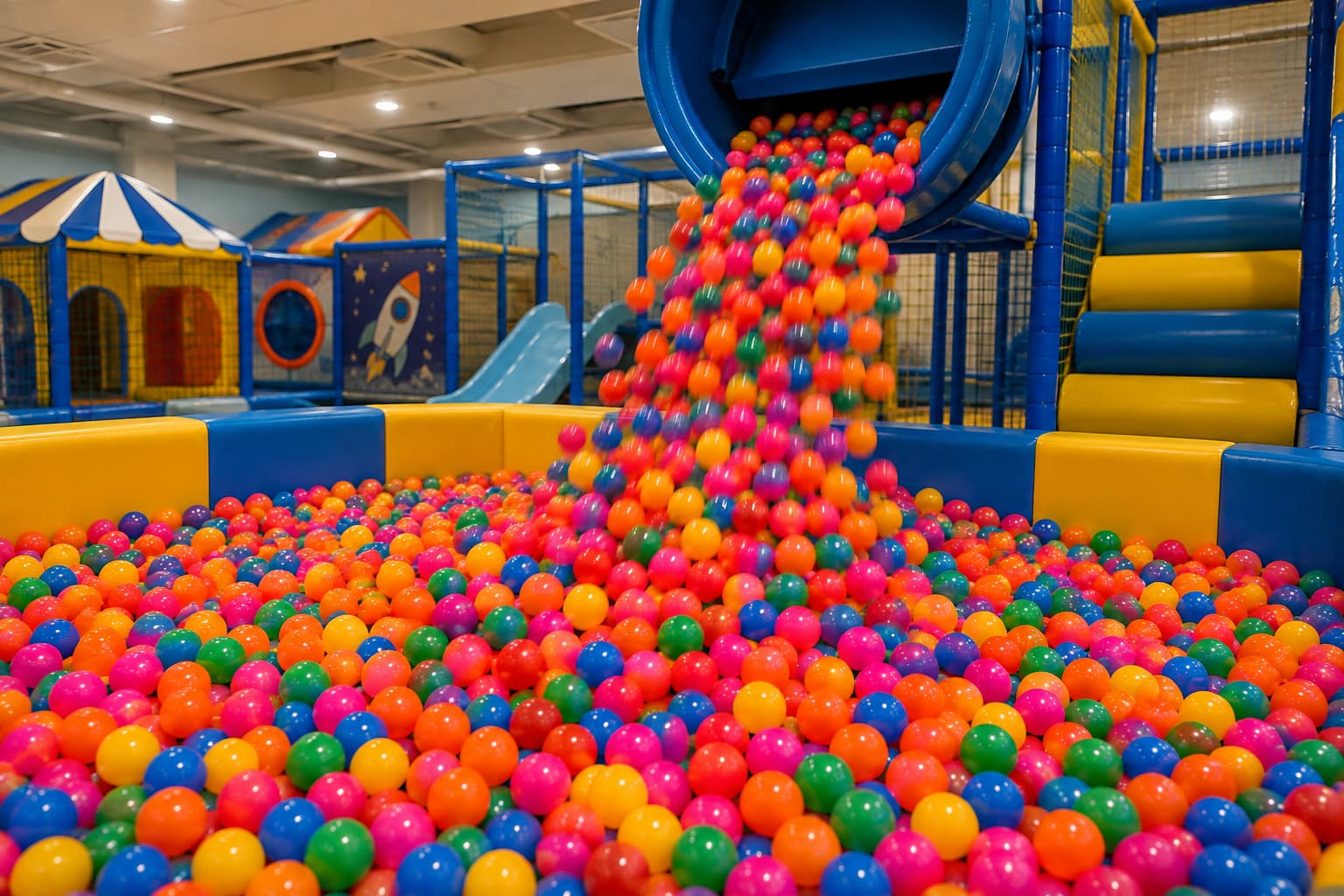 Kids play balls filling an indoor ball pit