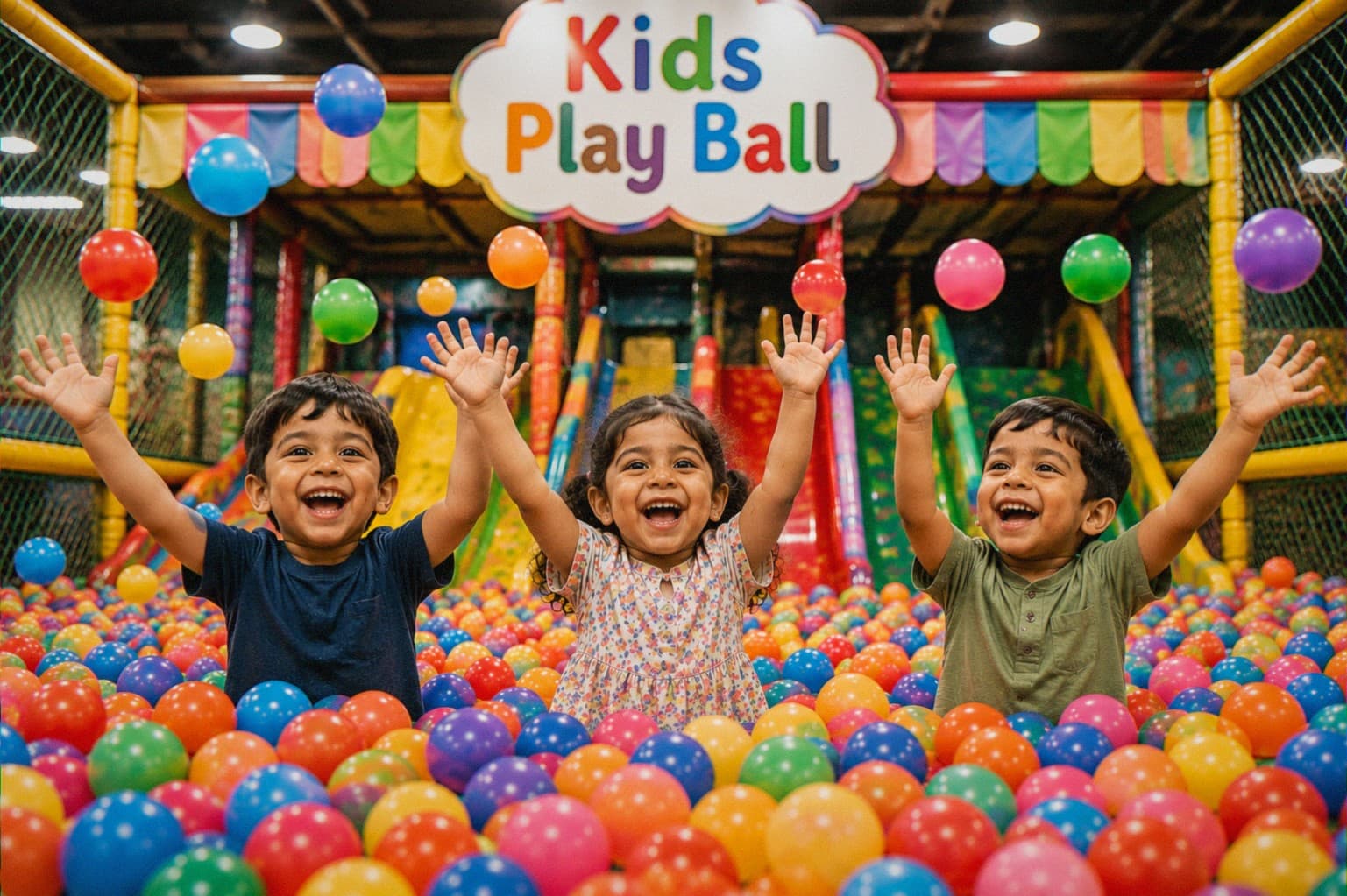 Kids playing joyfully in a colorful ball pit